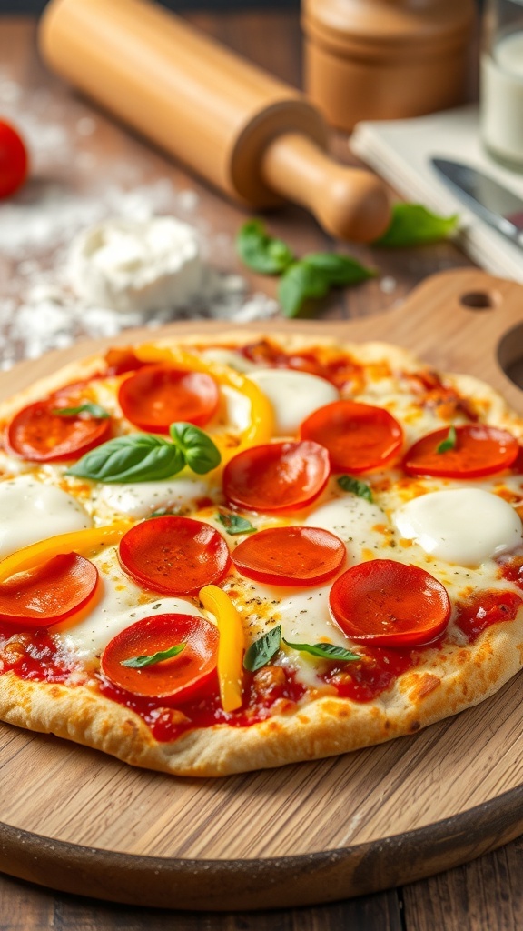 A delicious crispy crust pizza with cheese and toppings on a wooden board.